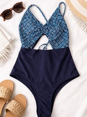 Aerie One Piece Swimsuit Blue High Cut Open Back Tie Front Medium